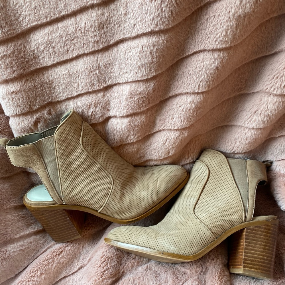 Tan suede open back heel bootie